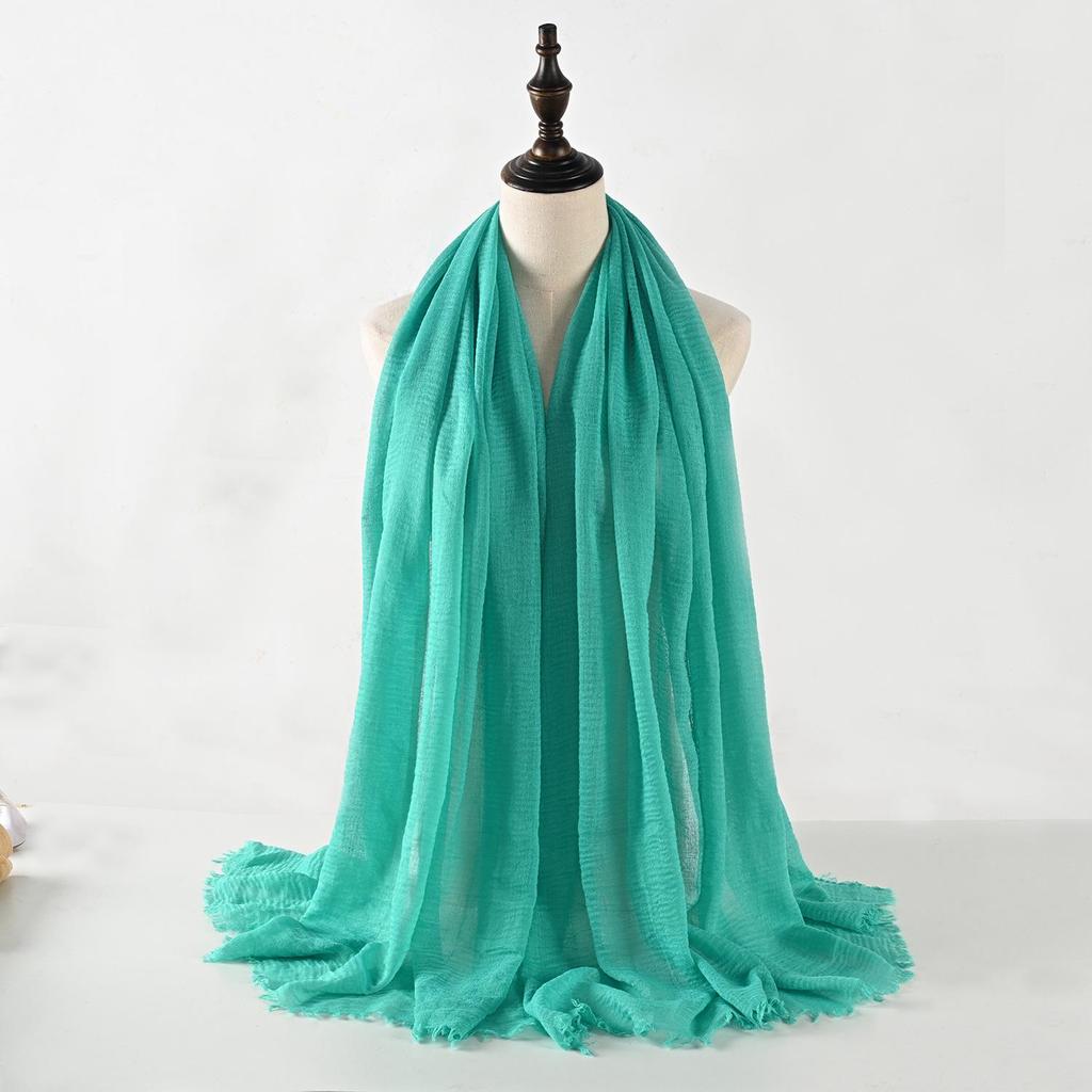 Crinkled Cotton-Linen Blend Scarf with Fringe - Solid Color, 90x180cm, Women's Headscarf