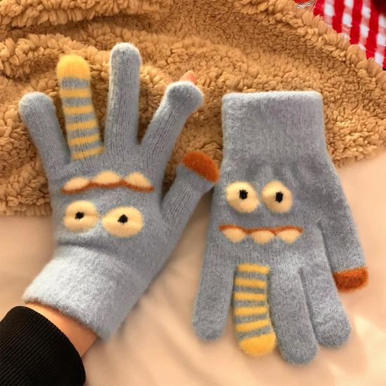 1 Pair Knitted Gloves Flexible Five-finger Thickened Winter Gloves Touch Screen Cute Big Mouth Warm Gloves Student Gloves for Cold Weather