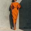 Women Orange Puff Sleeve High Waist Midi Dress with Pockets