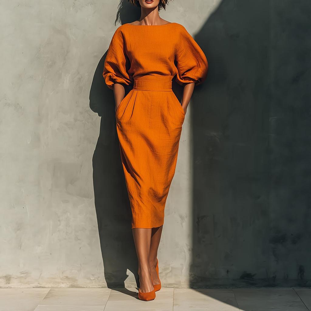 Women Orange Puff Sleeve High Waist Midi Dress with Pockets