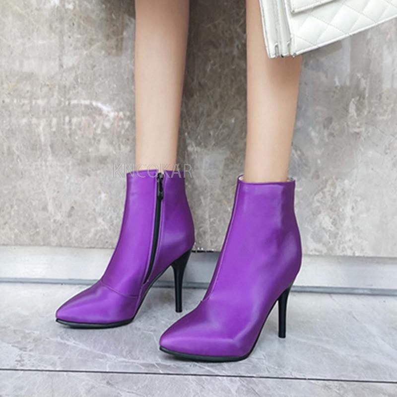 Fashion Women's Ankle Boots Purple Black Short Boots Ladies Waterproof High Heels Point Party Shoes For Women 
