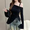 Cotton Off-the-shoulder Long-sleeved T-shirt Women's Spring and Autumn Korean Version Irregular Slim-fitting and Thin Sweet and Spicy Bottoming Shirt