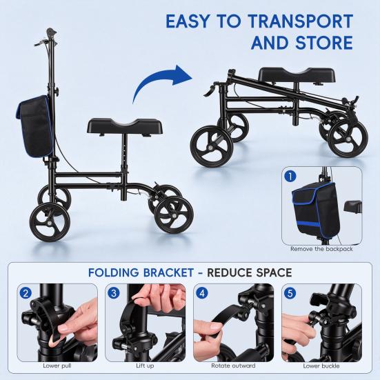 Adjustable Knee Walker Portable Scooter with Hand Brake, Foldable Lightweight Leg Comfortable Mobility Device for Foot & Ankle Injuries, Crutch