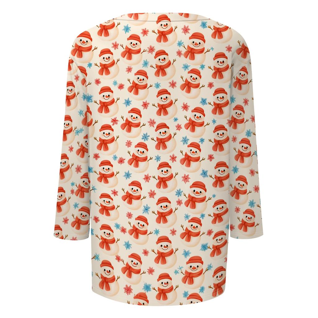 Women's Casual Christmas Printed Three-Quarter Sleeve Neck T-Shirt Tee Top