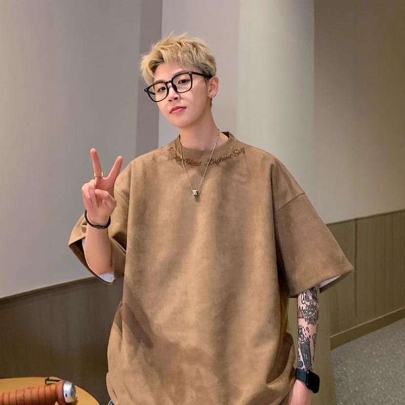Maillard Suede Short-Sleeved T-Shirt Men'S Summer Trendy Brand Embroidered Ruffian Handsome Inner Half-Sleeved Bottoming Shirt