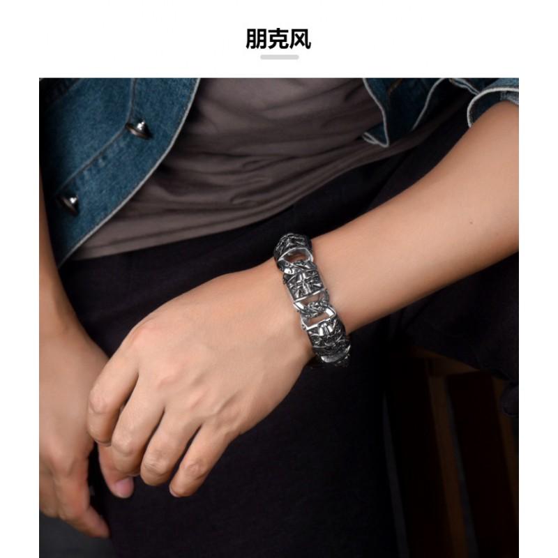 Stainless Steel Skull Bracelet Men Punk Hip Hop Style Geometric Biker Accessory Adjustable 22.5cm Polished