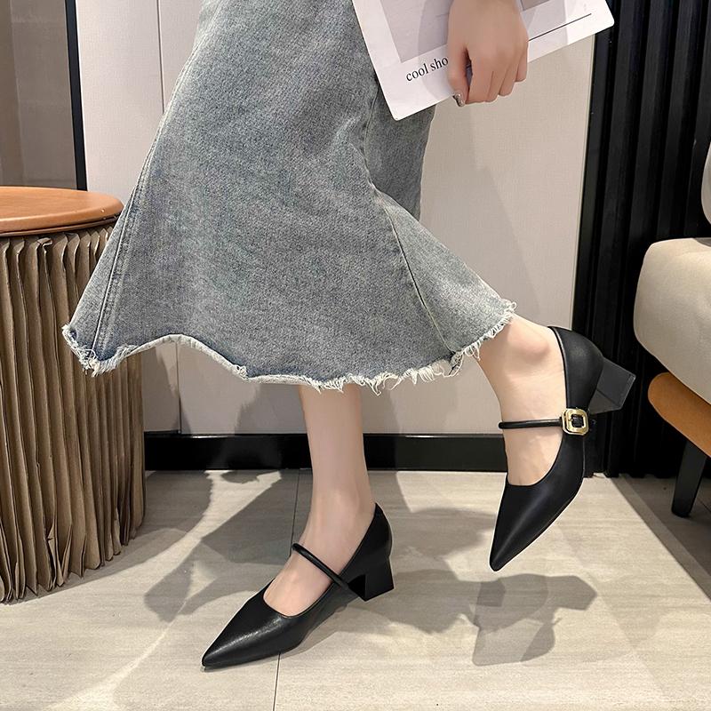 Women Shoes Pointed Toe Chunky Sandals Fashion Spring Dress Shoes Elegant Buckle Pumps Outdoors Solid Color Female Shoes