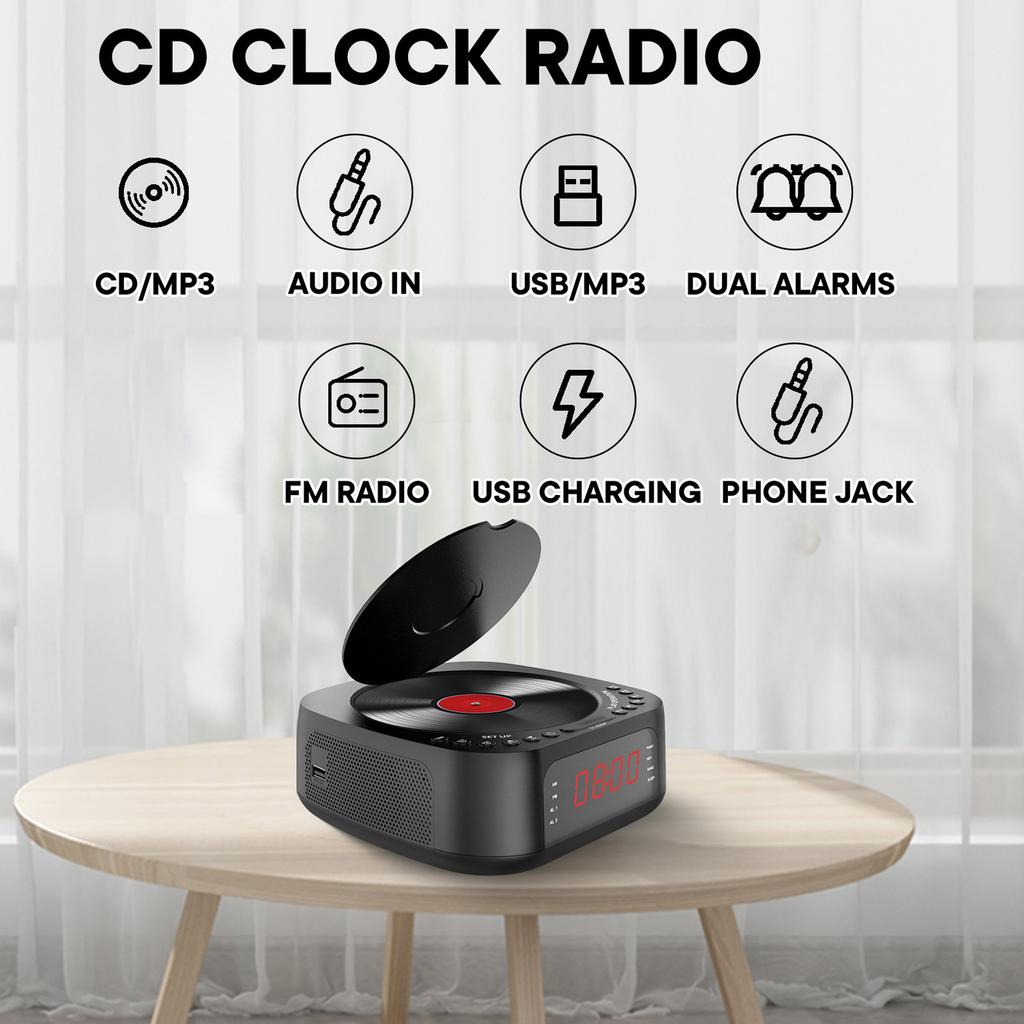 CD Player Alarm Clock USB Charging Dimmable Display Desktop Bluetooth Radio CD Player with Speaker Remote Control for Bedroom