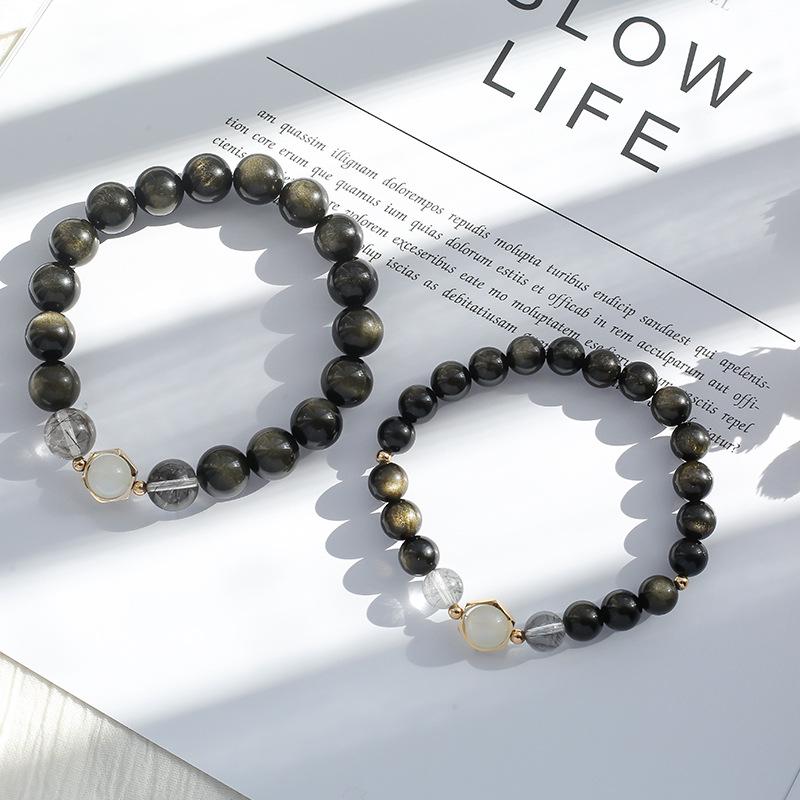 

Natural Crystal Obsidian Couple Bracelets: Black Rutilated Quartz & Moonstone Handcrafted Pair Obsidian Bracelet - Female