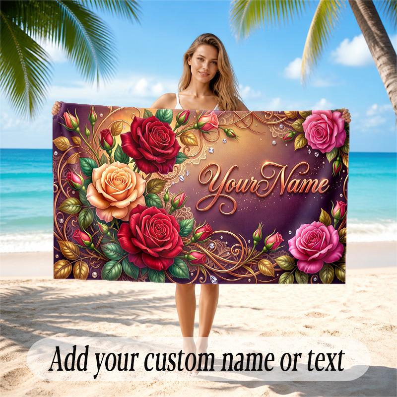 Floral Garden Theme Quick Dry Beach Towel Custom Name Text Print Large Sand Resistant Towel Beach Vacation