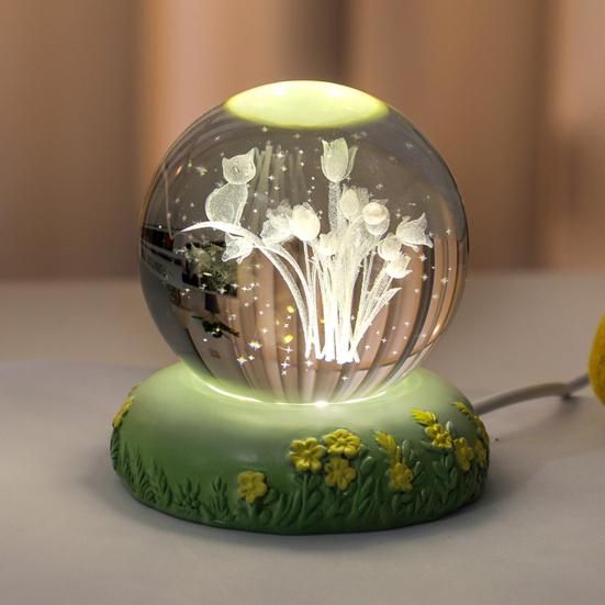 Flower Faux Crystal Ball Night Light 3D Rose Tulip Carnation