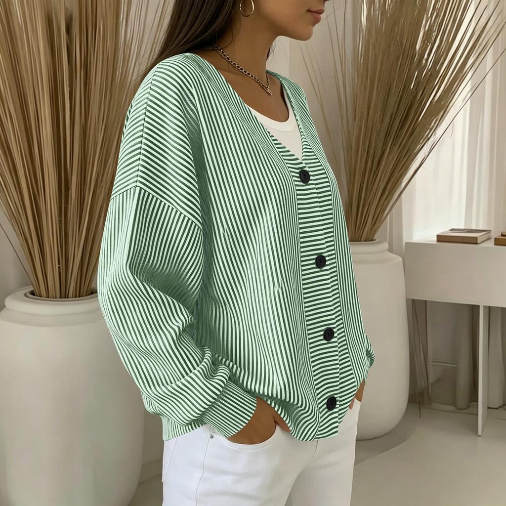 Women's Fashion Striped V Neck Long Sleeve Button Front Cardigan Casual Outerwear Lightweight Layered Top for Everyday Wear