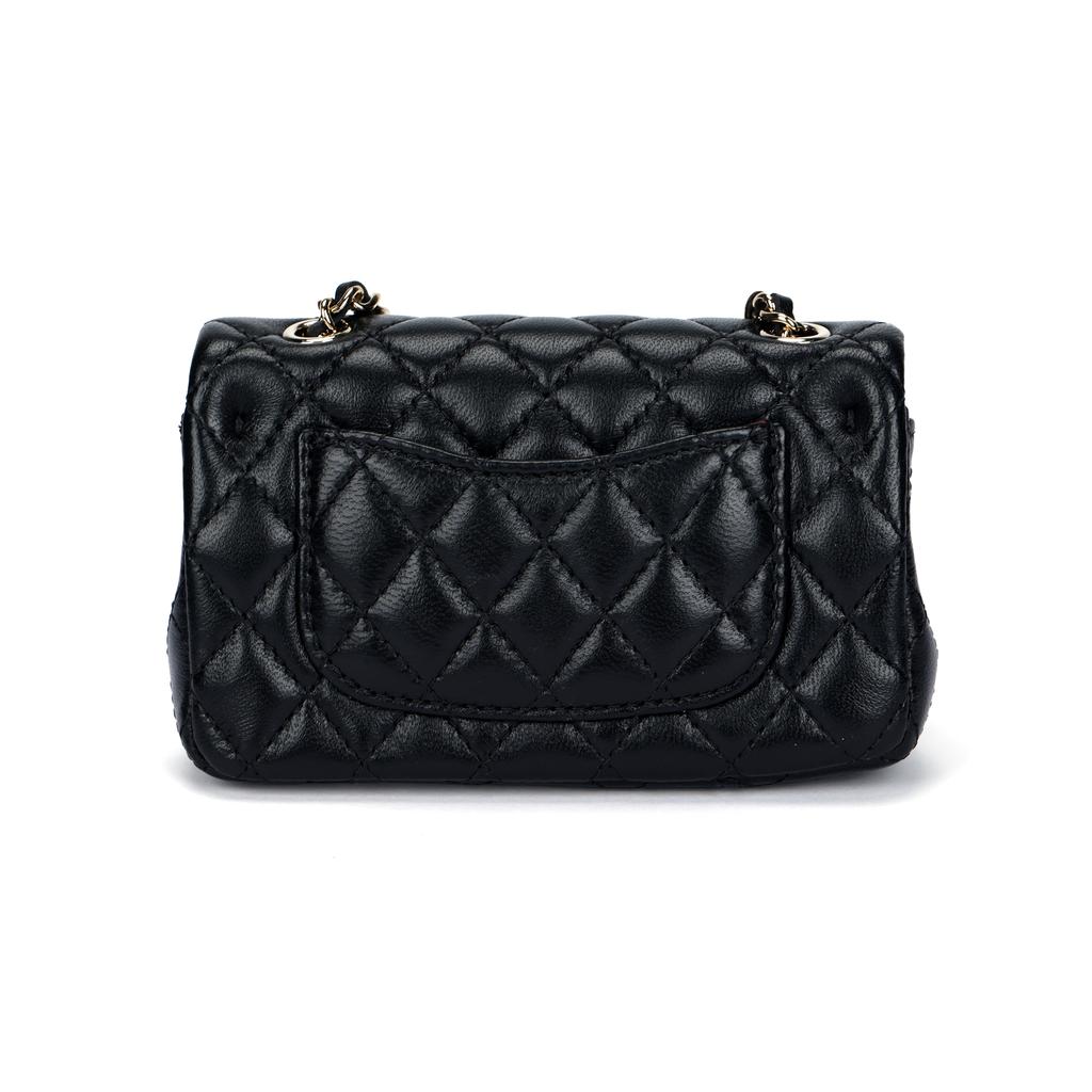 Chanel 25a Doppel-C-Logo Lederkette Rautenmuster Perle Mit Hakenverschluss Lammfellmaterial Goldene Beschläge Münzbörse Mini Damenmodell Schwarz