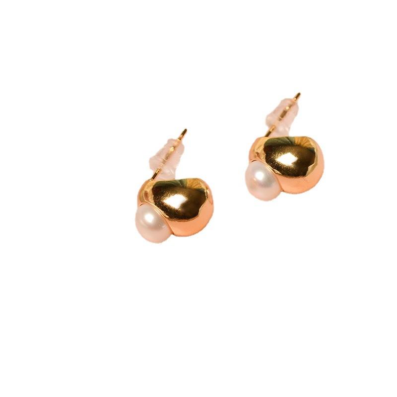 Hepburn Style Minimalist Natural Freshwater Pearl Stud Earrings Female Ins Retro 11k Gold Injection Water Drop Ingot Earrings Premium Sense