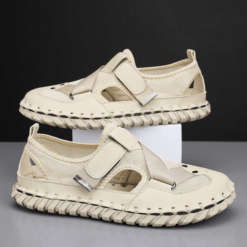Summer Leather Men's Sandals Handmade Beach Shoes Soft Rubber Mesh Shoes Comfotable Hollow Out Flats Magic Glue Sneakers Sandaly