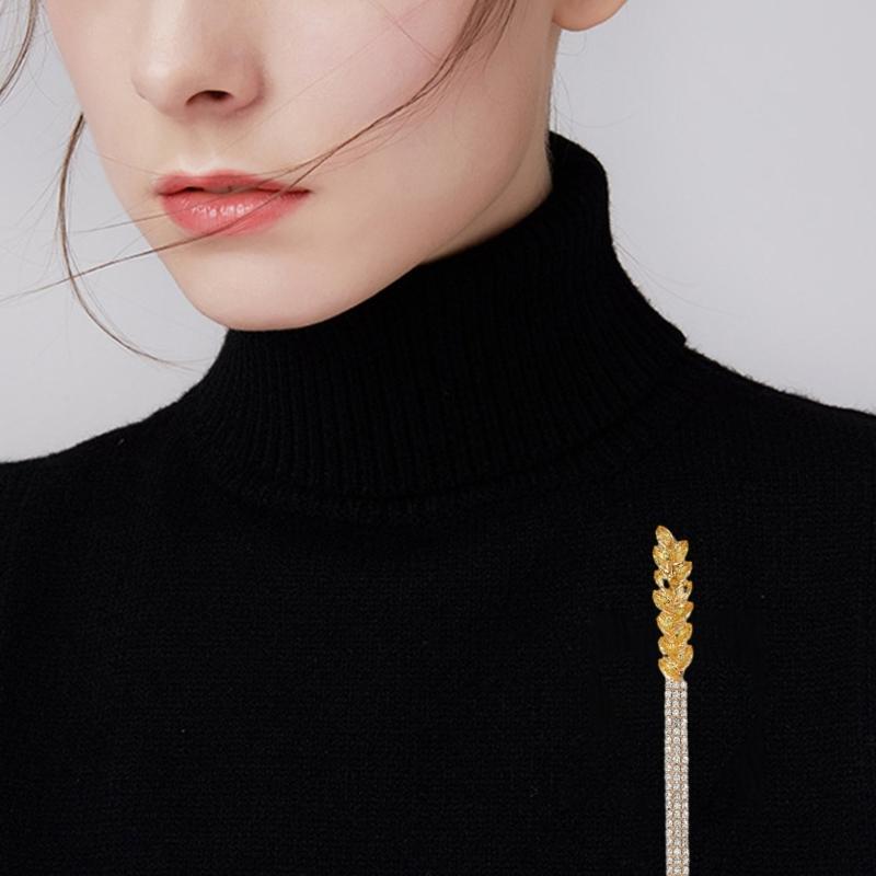 Elegant Women's Brooch with Long Thread Lapel Pin Stylish Wheat Ear Jewelry Flowing Fringe Sparkling Crystal Lapel Pins
