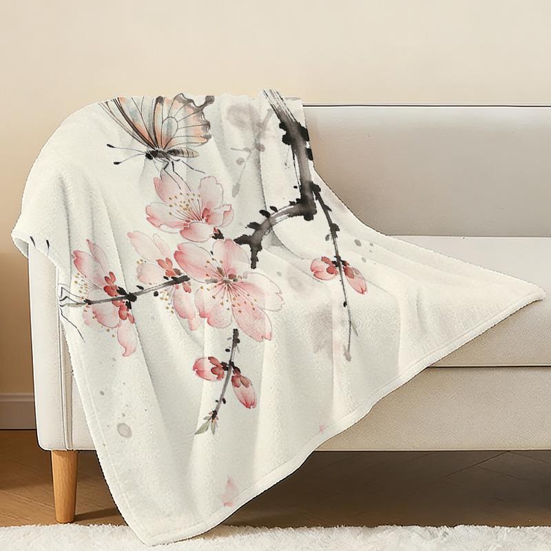 Soft High-Density Flannel Fleece Blanket, Ink Butterfly & Flower Pattern, Warm Cozy Home Decor for Halloween & Christmas