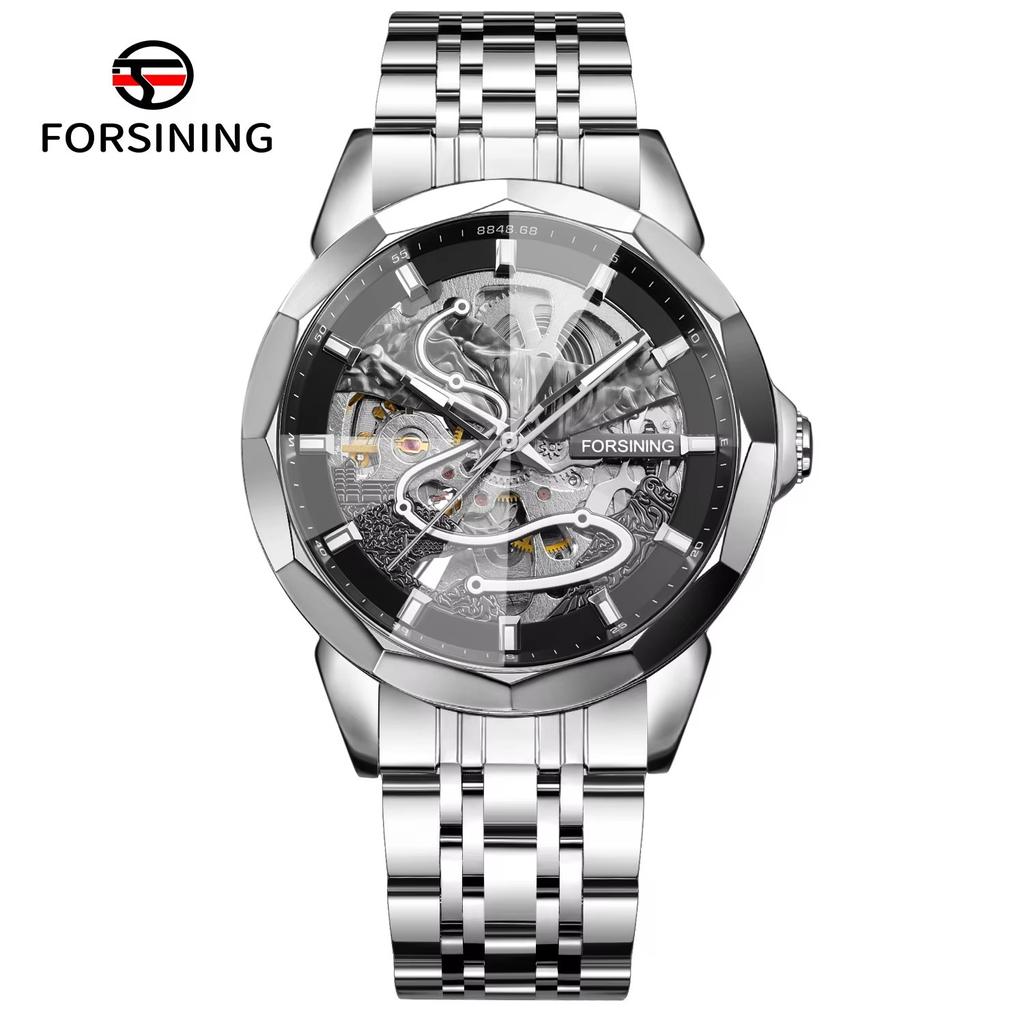 FORSINING Original Gold Skeleton Mechanical Man Watch Automatic Movement Clock Luxury Stainless Steel Men's Watches