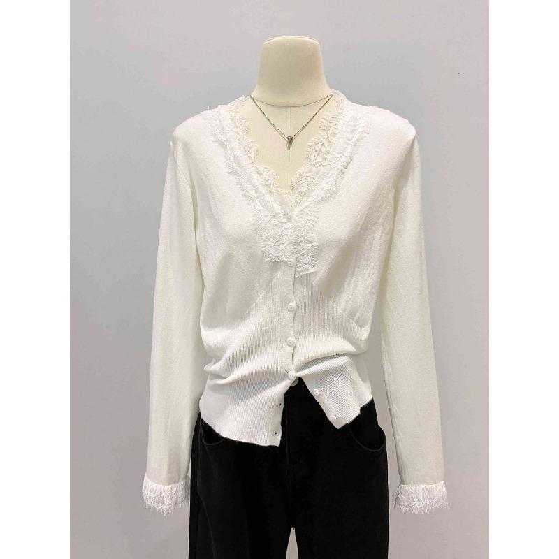 Атмосферная кружевная вставка топ-водолазка женский осенне-зимний темпераментный воротник на пуговицах внутри элегантный стиль вязаный кардиган S