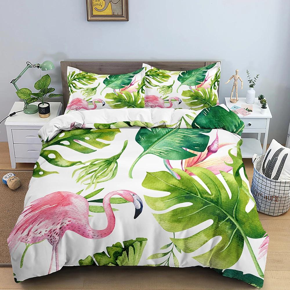 Girls Boys Tropical Botanical Leaves Flamingo Bedding Set Palm Leaf Comforter Cover King Size Toucan Flamingos Duvet Cover Kids
