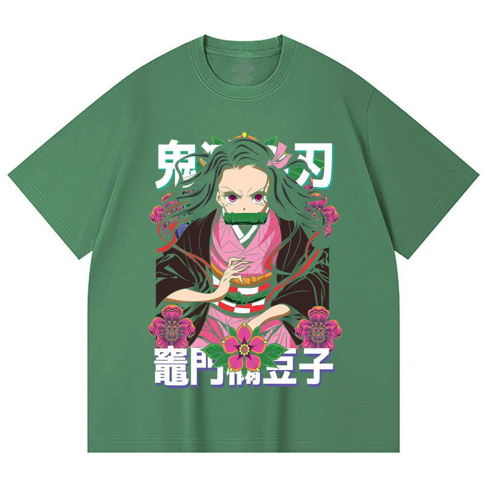 230 Gsm 100% Cotton Demon Slayer V70 Nezuko Flower Print Unisex Heavy Cotton T Shirt