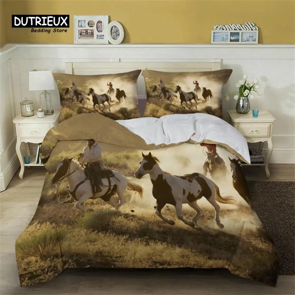 Vintage Duvet Cover Set Microfiber Rodeo Cowboy Riding Bull Wooden Old Sign Western Style Wilderness At Sunset Image Bedding Set