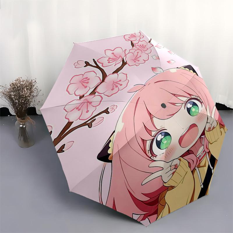 1pc Chibi Girl with Cherry Blossoms - Automatic Opening Folding Umbrella, Portable Design, 8-Rib Iron Frame, Outdoor, Perfect Gift for Fans, Travelers
