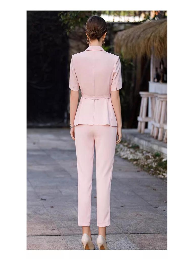 Damen Sommer Pink Kurzarm Blazer Set - Professioneller OL-Stil
