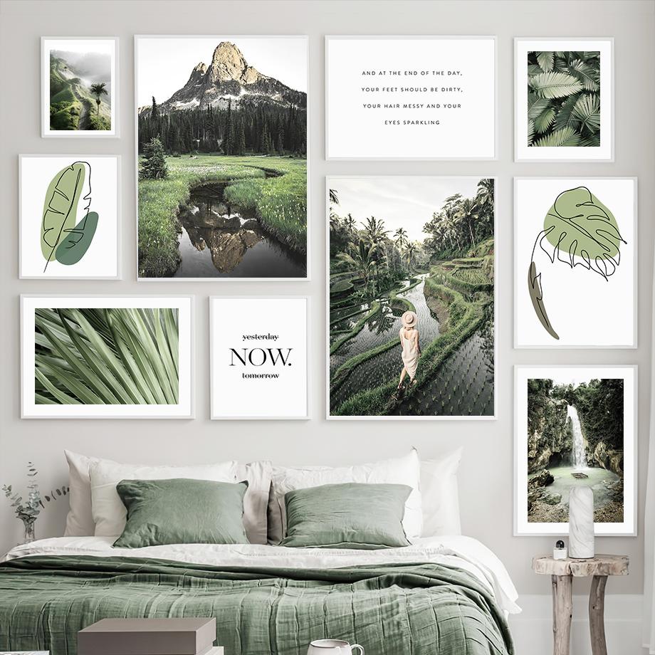 Green Mountain Waterfall Forest Leaves Landscape Posters And Prints Wall Art Canvas Painting Pictures For Living Room Home Decor