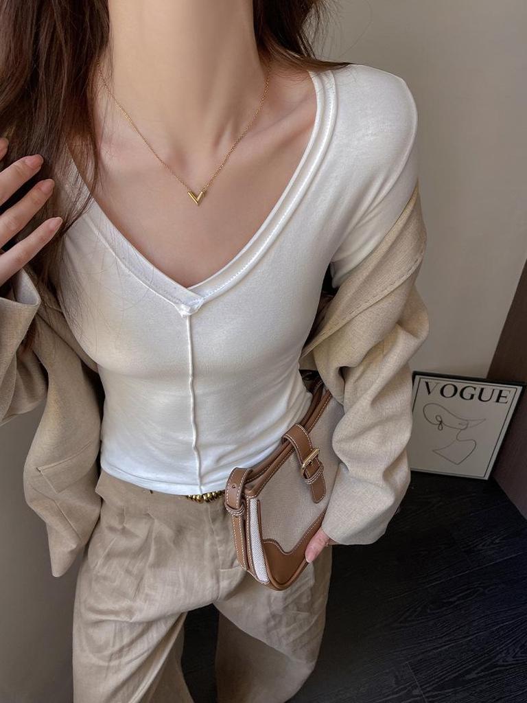Premium Rolled-Edge V-Neck Slimming Long Sleeve Top for Women - Autumn/Winter