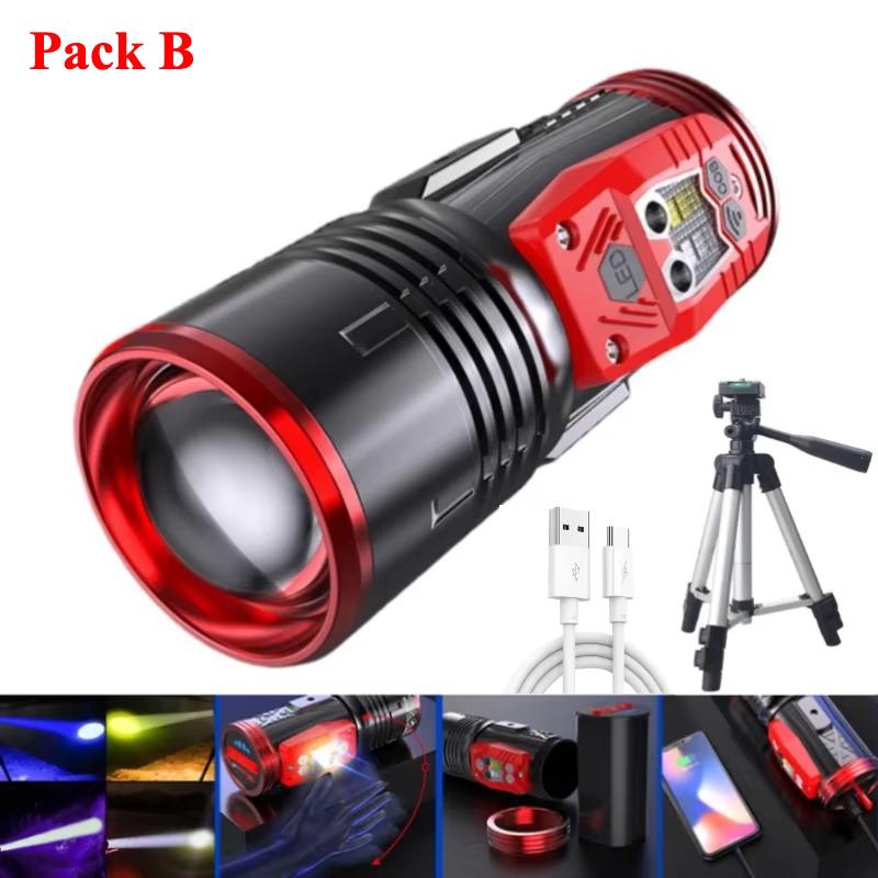 Super Bright Zoom Night Fishing Flashlight 5 Light Sources Blue/UV/White/Yellow/Red Searchlight Zoomable Flashlight with Bracket