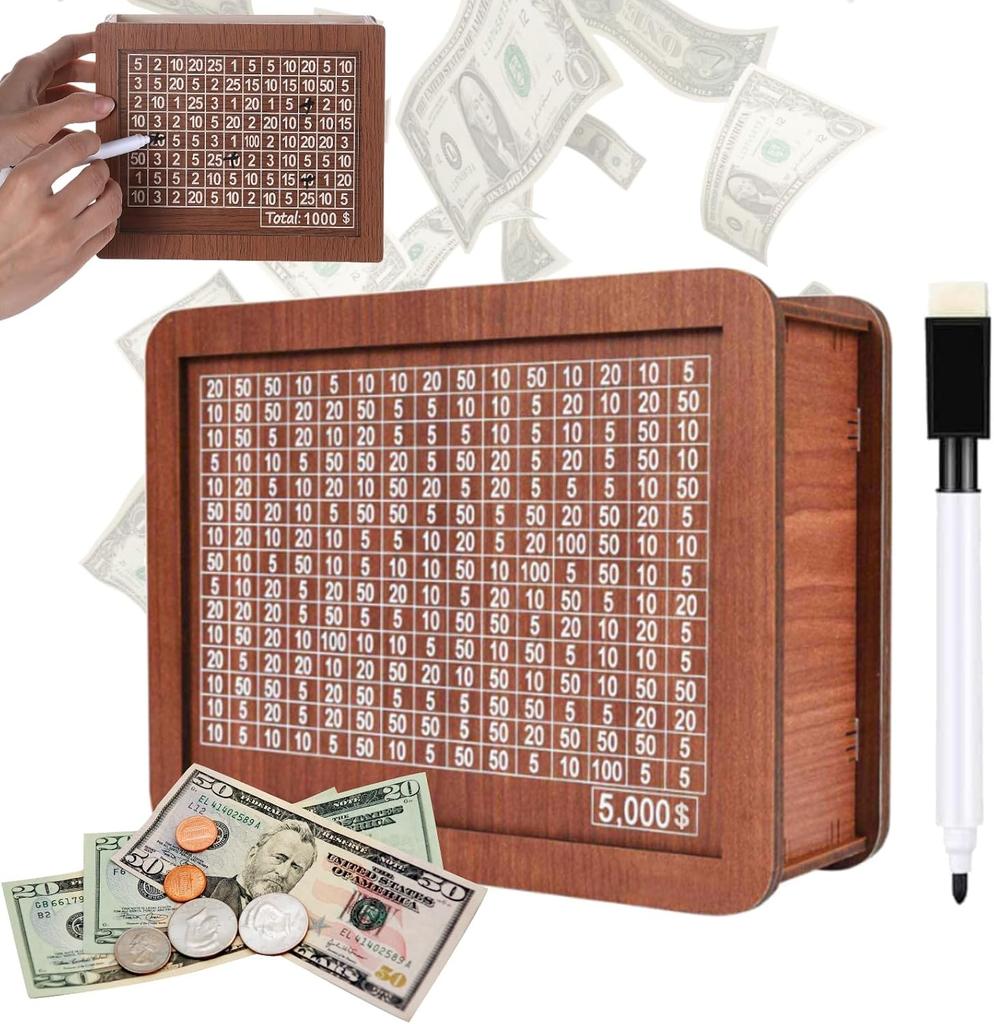 Cash Vault Wooden Savings Box Countdown Money Saving Box Savings Challenge Box with Money Target and Numbers Coin Bank Money Box Piggy Bank Cash Sa