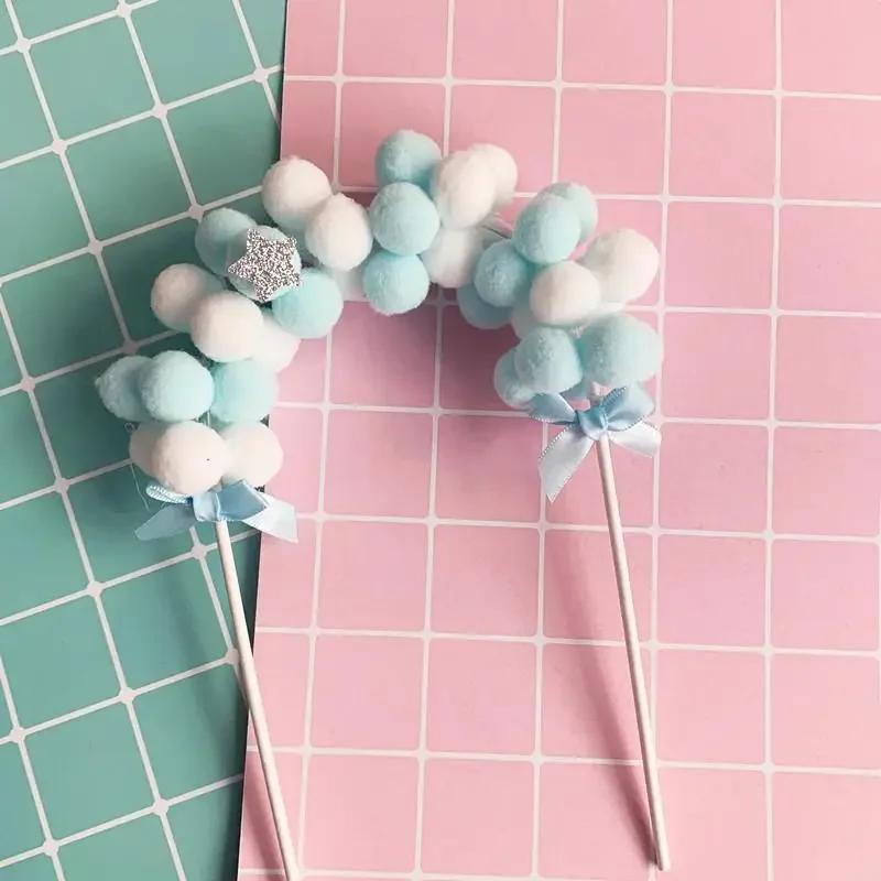 Pink Blue Soft Pompom Cloud Cake Topper Baby Shower Birthday DIY Cake Top Flags Decoration Festival Party Supplies.