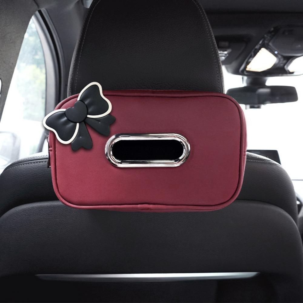 

Zipper Car Tissue Box PU Leather Car Seat Back Organizer Fashion Car Napkin Holder Storage Bag Wine Red-Black Bow