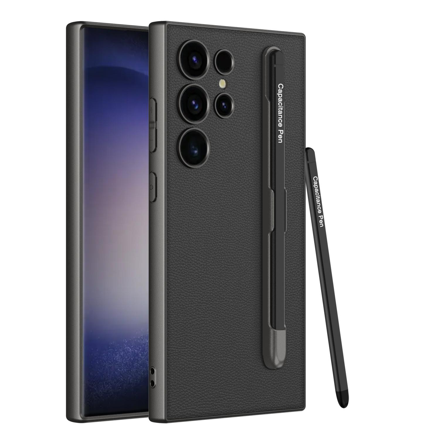 

For Samsung Galaxy S23 Ultra Case with Stylus Skin Touch PU+TPU+PC Phone Back Cover Texture Black