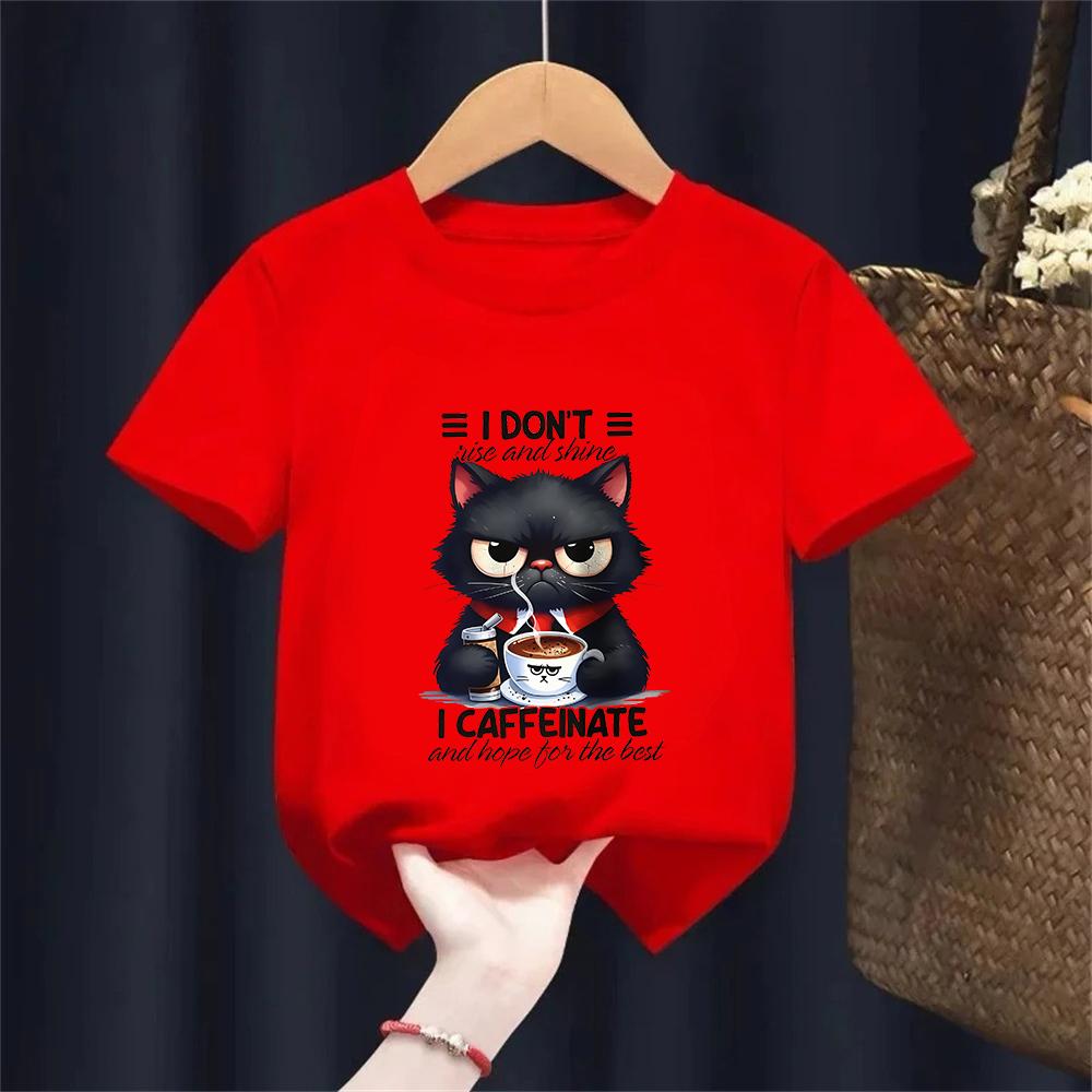 Coffee Loving Cat Print Kids 100 Cotton TShirt Soft Breathable Round Neck Short Sleeve Tee Boysgirls Quirky Style 100
