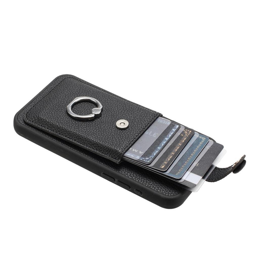 For iPhone 15 Pro Max Case Drawing Type Card Slots Litchi Texture Leather Back Cover with Ring Kickstand