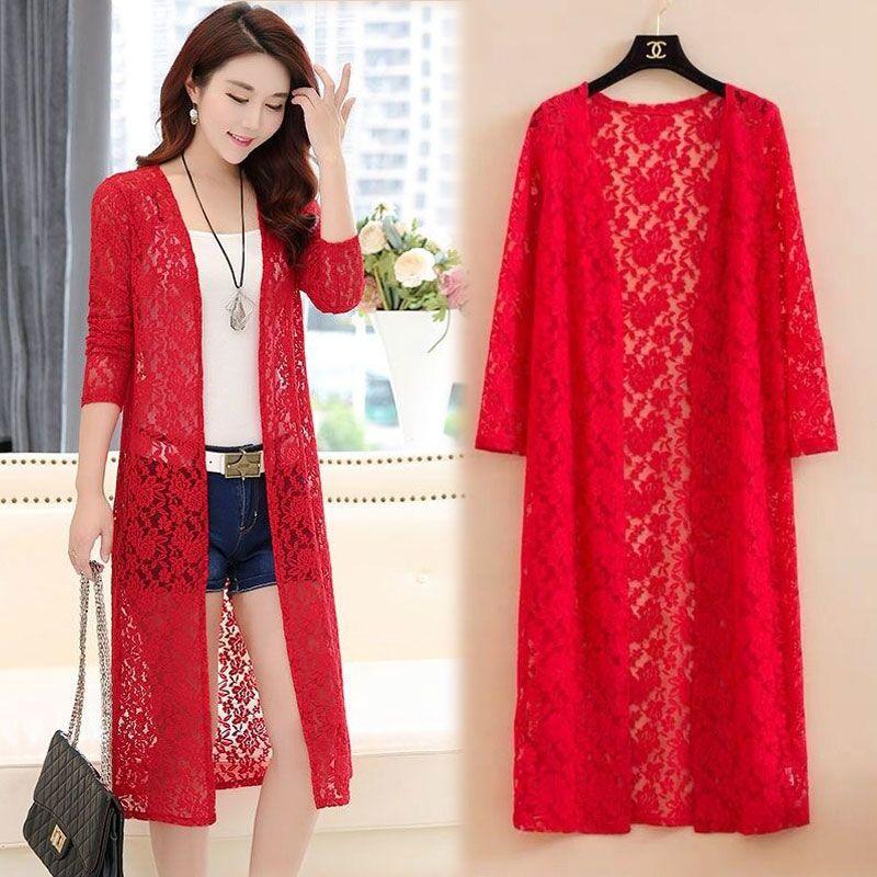 Sommer Damen Spitzen-Strickjacke Sonnenschutzjacke Langarm Plus Size Mittellange dünne Außenschaljacke