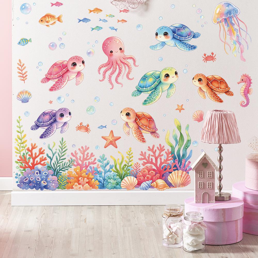Watercolor Underwater World Turtle Coral Living Room Bathroom Toilet Home Decoration Wall Stickers
