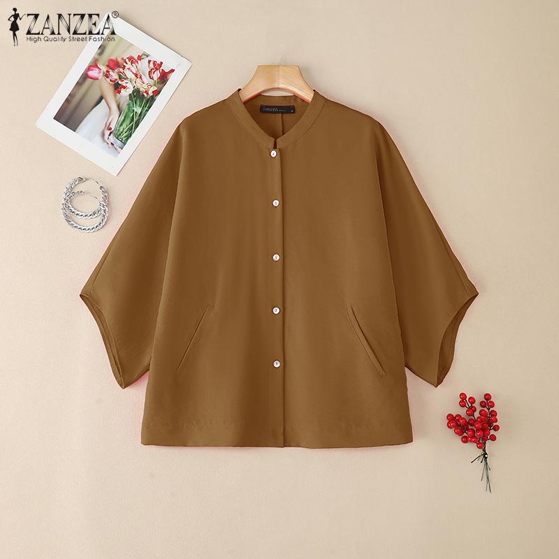 ZANZEA Women Casual Round Neck Loose 3/4 Sleeve Solid Blouse