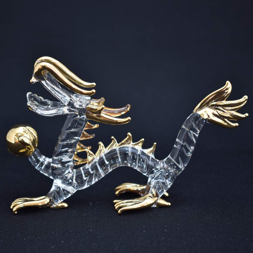 Handmade Glass Emperor Dragon with Golden Orb, Large