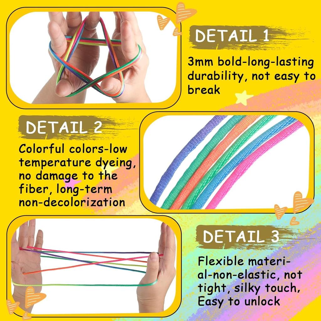 Rainbow Cats Cradle String 1.6M/63 Inch Long Rainbow Colourful Finger Rope Chinese Finger String Games Toy for Kids