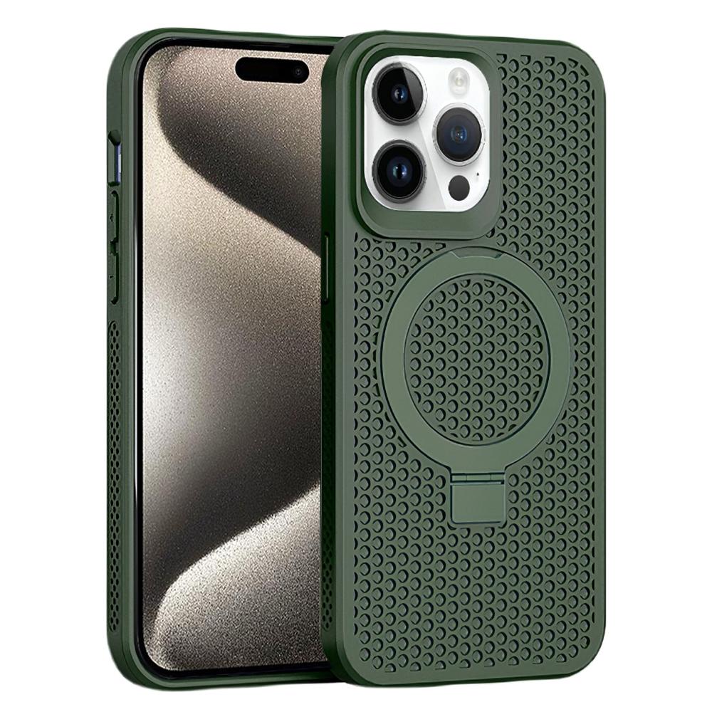 

For iPhone 15 Pro Heat Dissipation Rubberized TPU Case Kickstand Magnetic Protective Phone Cover Midnight Green