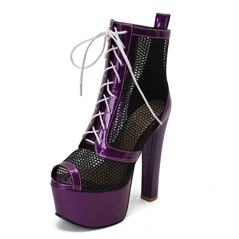 2025 Sexy Women Sandals Peep Toe Breathable Mesh Lace Up Peep Toe High Heels 15cm Platform 5cm 43 44 44 Party Shoes