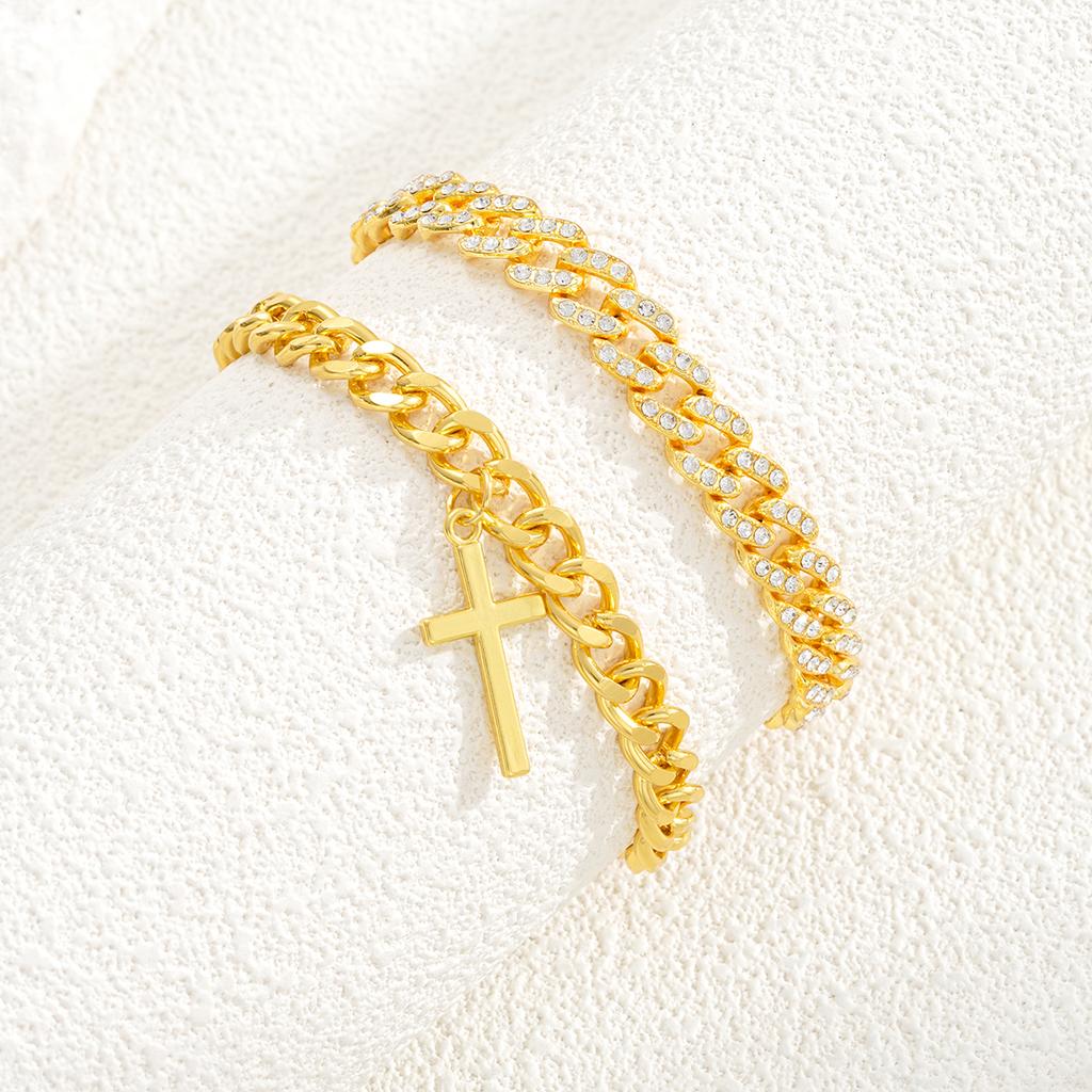 2Pcs/Set Gold Color Crystal Cross Cuban Bracelets for Women Men Punk Chunky Wide Unisex Bracelets Set Hip Hop Daily Wear Jewelry