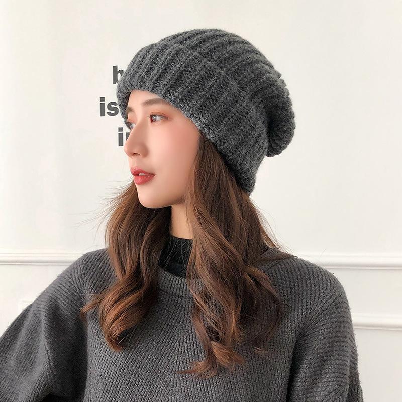 Big Head Siding Wool Hat Women Loose Warm Pile Knitted Hat Cold Hat Big Face Showing Small Knitted Ear Protection Hat