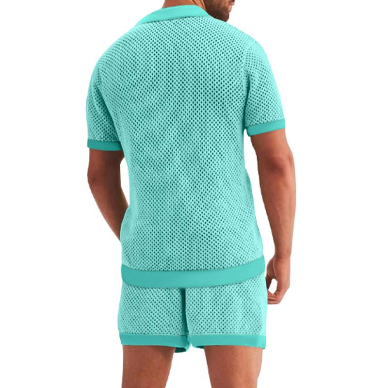 Summer Men's V-neck Short-sleeved Cardigan and Shorts Suit, Fashion Hollow and Breathable Two-piece Men's Suit