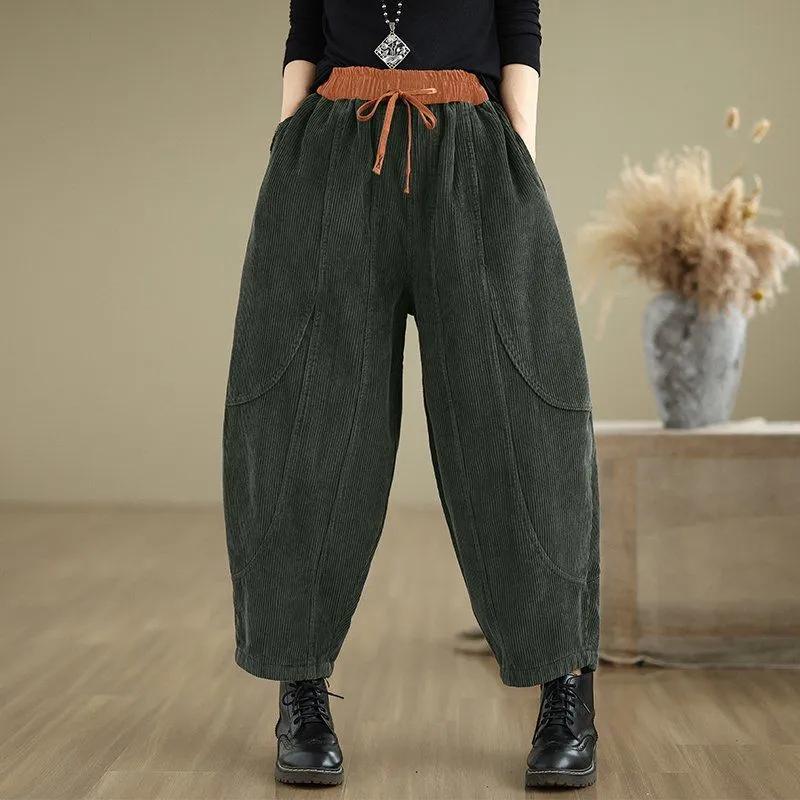 Women's Winter Thickened Vintage Corduroy Harem Pants Casual Warm Trousers