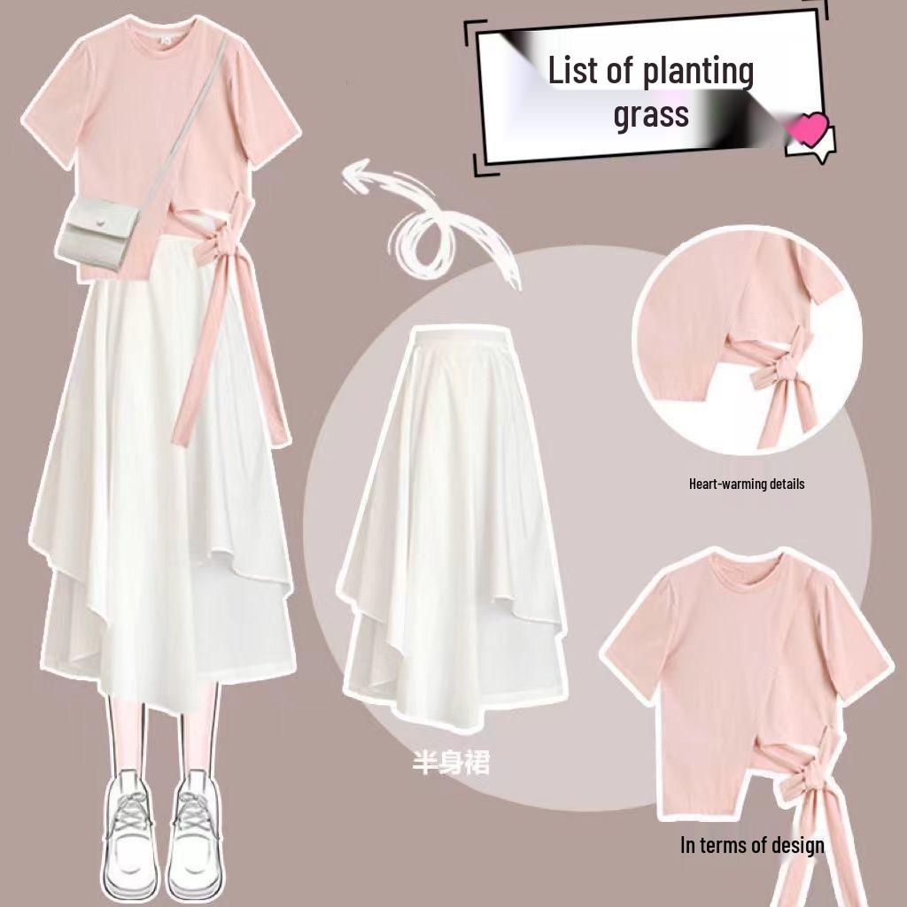 Trendy Two-Piece Summer Set: Women's Short Sleeve T-Shirt + White Skirt for 2026