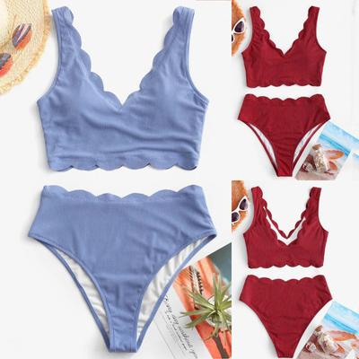 Two Piece Ribbed Bikini Swimsuit Set with Scalloped Edges and V Neckline for Women Beachwear Swimwear